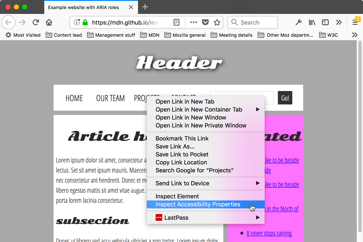 web page context menu